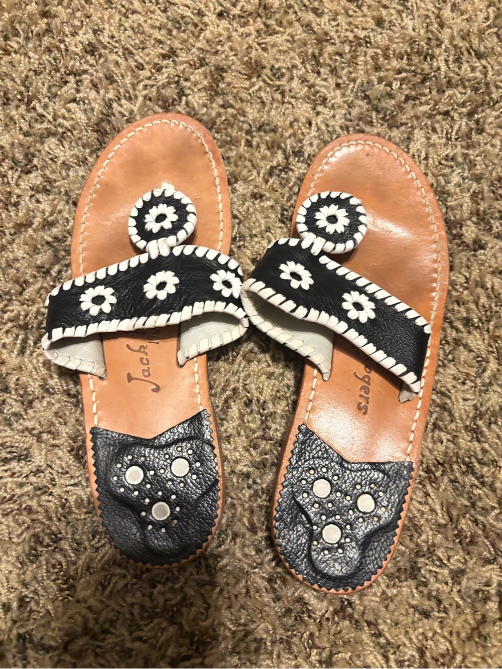 Jack Rogers Black and White Floral Leather Slide Sandals